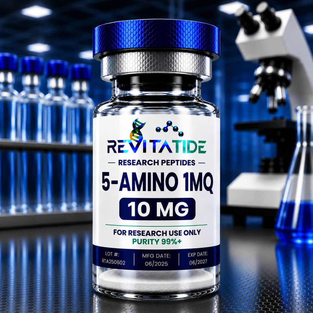 5-Amino-1MQ 10mg research peptide vial with batch label - RevitaTide 99%+ purity